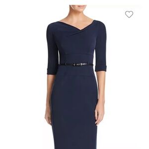 Black Halo Jackie O Sheath Dress with Cuffed Sleeves- navy